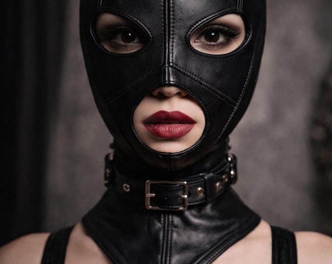 Gothic Leather Face Mask, Lace Up Cosplay Hood, Handmade Head Cover, Costume Headwear