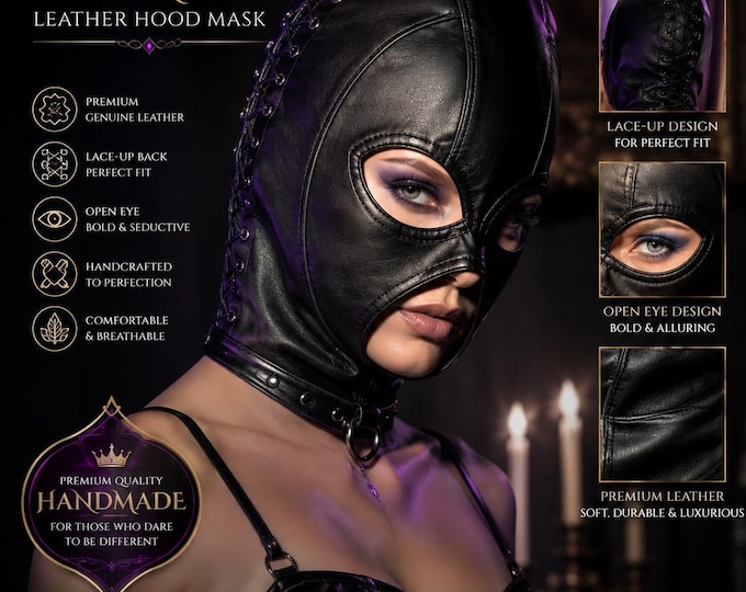 Gothic Leather Face Mask, Full Head Hood, Lace Up Cosplay Headgear, Open Eye Design