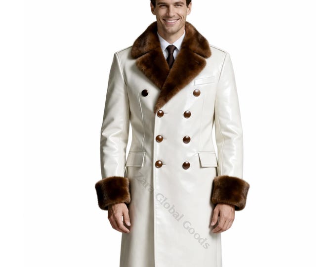 Men White Calfskin Leather Coat | Brown Fur Trim Overcoat | Handmade Winter Long Jacket