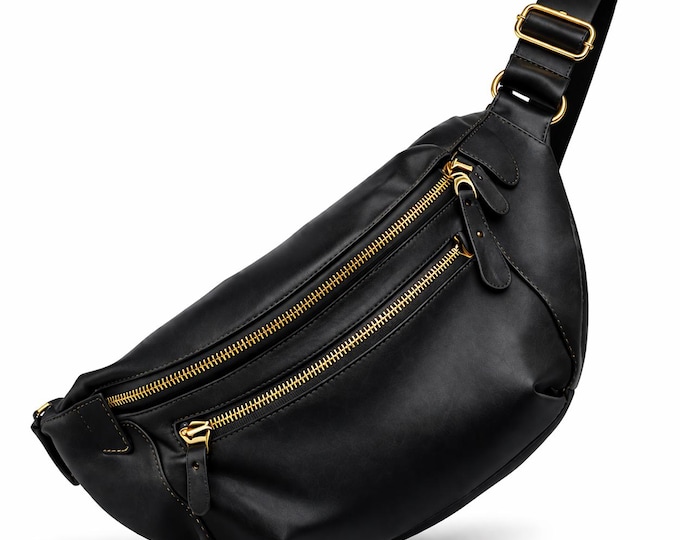 Black Leather Sling, Crossbody Chest Pack, Waist Pack, Minimalist Unisex Travel Everyday Carry