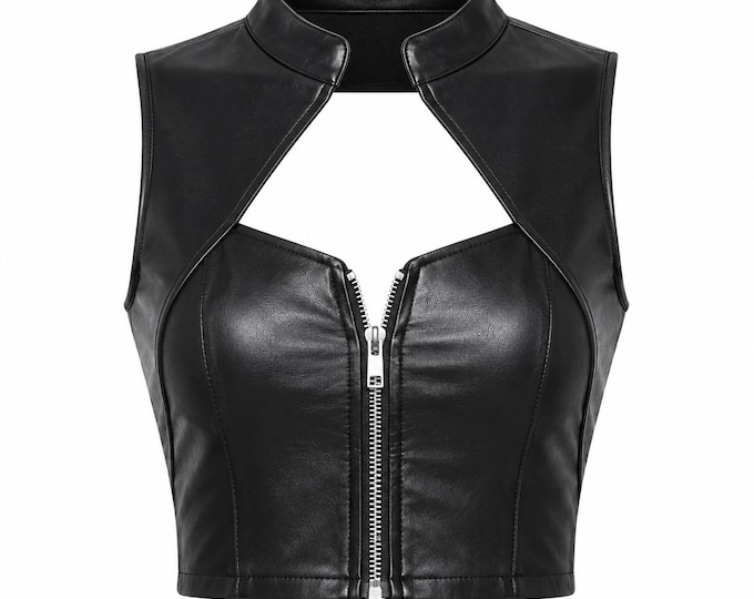 Women's Genuine Leather Bustier, Sleeveless Zip Front Cutout Clubwear, Handmade Festival Fashion Outfit