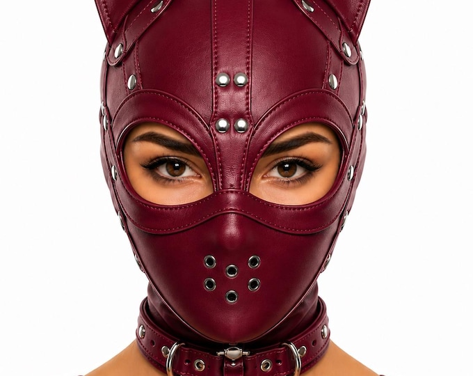 Gothic Leather Cat Face Mask, Full Head Hood, Cosplay Costume, Festival Headwear