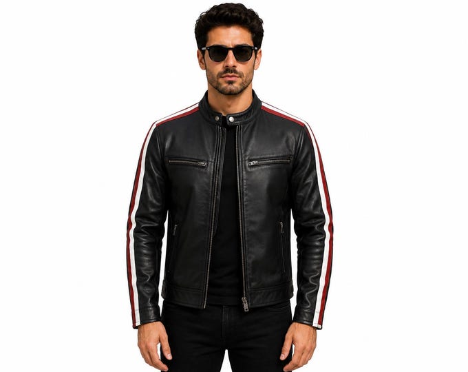 Men’s Leather Biker Jacket, Racing Stripe Slim Fit Motorcycle Coat