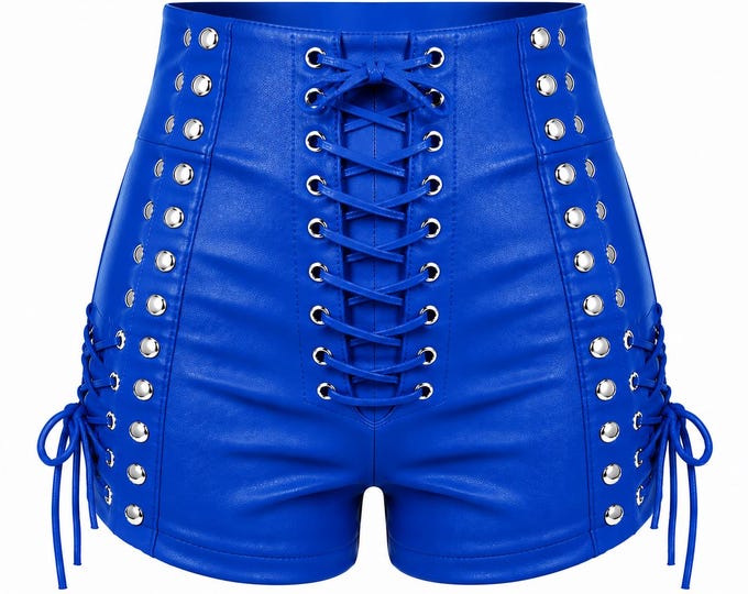 Gothic Leather Shorts Women High Waist Lace Up Studded Hot Pants