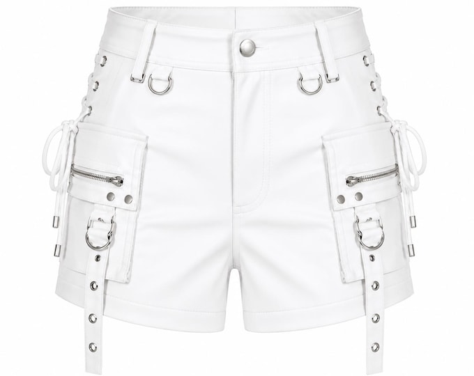 Genuine Leather Cargo Shorts, High Waist Gothic Punk Festival Wear, Women's Bike Hot Pants