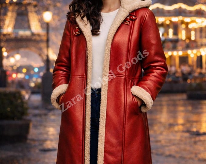 Women’s Shearling Leather | Winter Long Hooded Warm Faux Fur Lined Jacket | Red & Purple   Coat