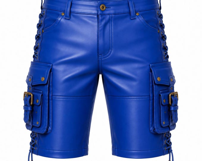 Men's Leather Cargo Shorts, Biker Style, Gothic Punk, Side Lace, Custom Fit