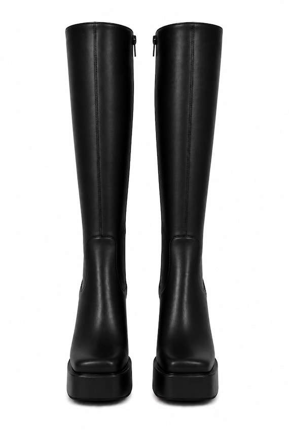 Women's Knee High Platform Shoes, Wide Calf Chunky Heel, Square