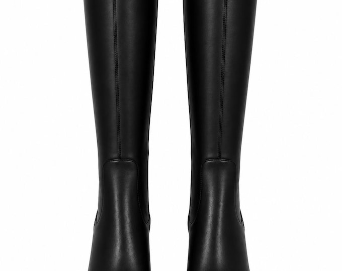 Women’s Knee High Platform Shoes, Wide Calf Chunky Heel, Square Toe Leather