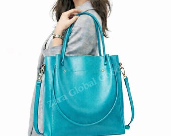 Teal Leather Tote Bag for Women, Handmade Large Shoulder Work Purse