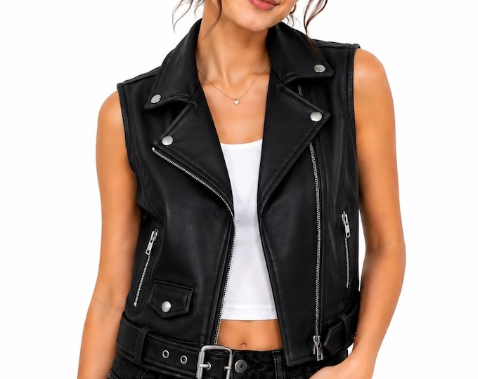Women’s Moto Biker Leather Vest, Vintage Cowhide Sleeveless Jacket, Western Fashion Waistcoat