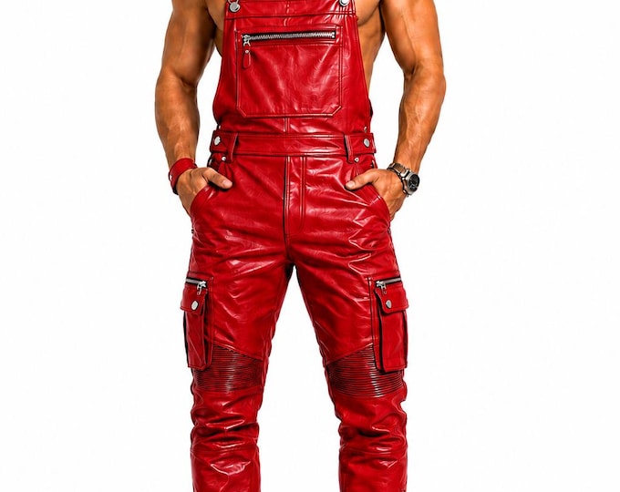 Men’s Leather Overalls, Lambskin Bib Pants, Gothic Biker Jumpsuit, Custom Fit