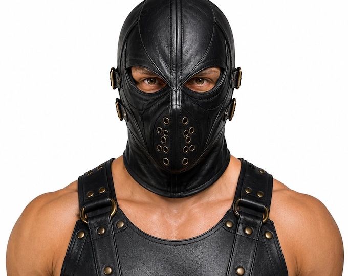 Genuine Leather Hood Mask, Gothic Cosplay Headwear, Full Face Costume Mask