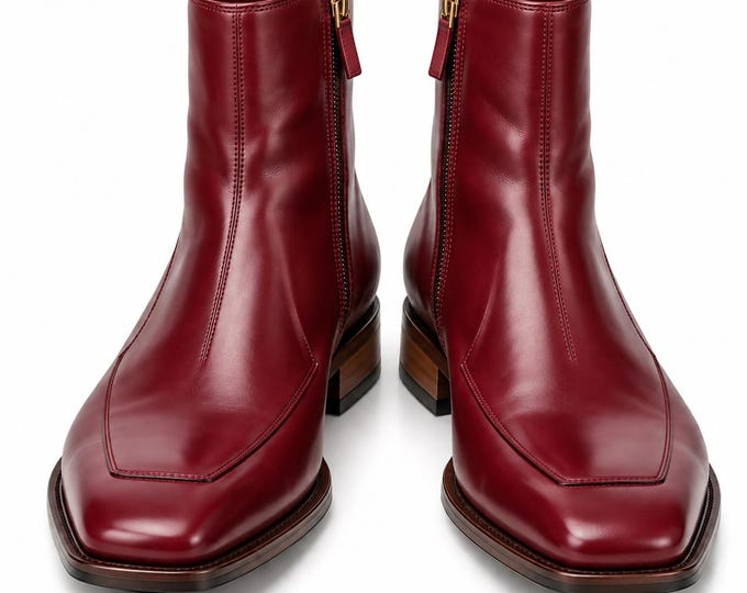 Men’s Leather Ankle Boots, Square Toe Zip Dress Footwear, Handmade Custom Size