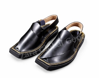 Authentic Peshawari Sandals for Men – Handmade Black Leather Chapal with Back Strap