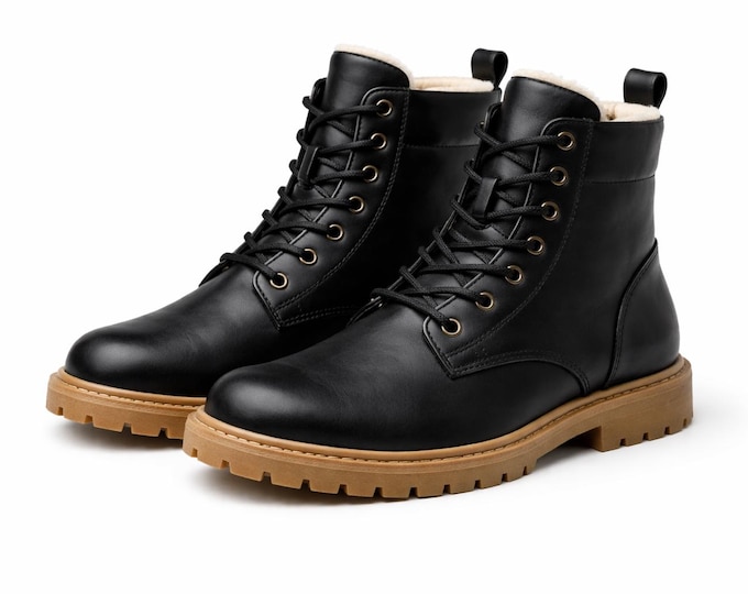 Unisex Lace Up Boots – Leather Ankle Shoes – Durable Rubber Sole – Casual Winter Footwear