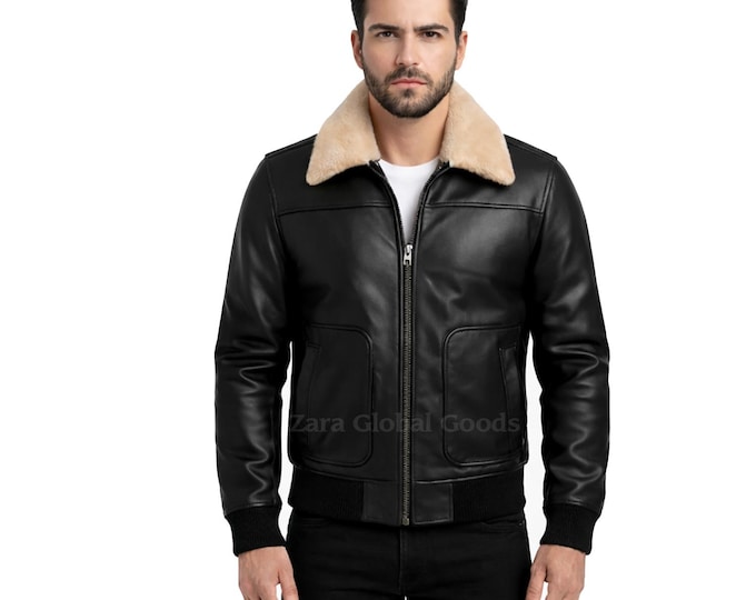 Men’s Aviator Leather Jacket, Shearling Collar, Handmade Black Brown Winter Jacket