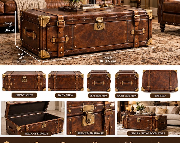 Large Leather Trunk Coffee Table, 48 Inch Vintage Storage Chest, Steamer Trunk Furniture