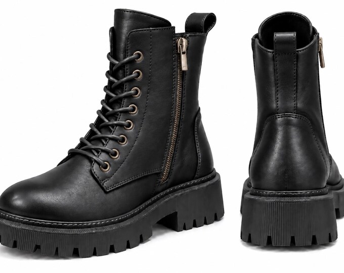 Women’s Leather Combat Ankle Boots, Lace Up Platform Boots, Side Zip Shoes