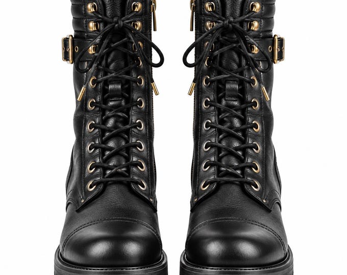 Unisex Blue Leather Combat Boots, Tall Lace Up Motorcycle Boots with Buckles