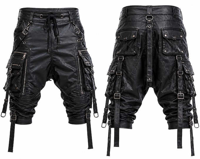 Black Waxed Cargo Combat Shorts Men Cyberpunk Tech wear Gothic Festival Wear