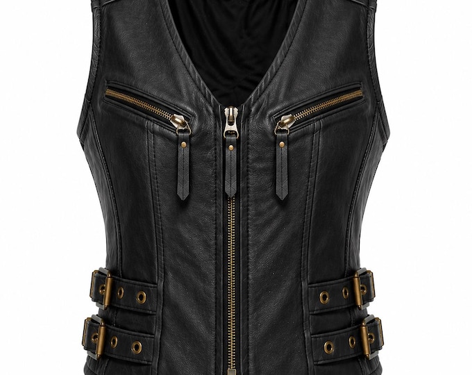 Women's Black Biker Vest, Genuine Cowhide Motorcycle Waistcoat, Vintage Punk Riding Gear