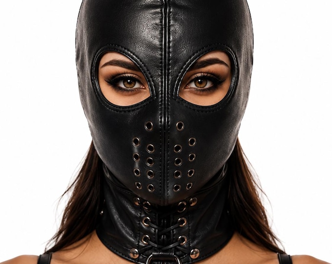 Gothic Leather Face Mask Hood, Open Eye Cosplay Headgear, Lace Up Back, Halloween Costume