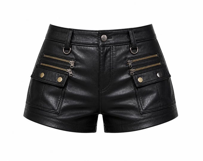 Women's Genuine Leather Mini Shorts, High Waisted Six Pocket Party Wear, Handmade Gothic Fashion