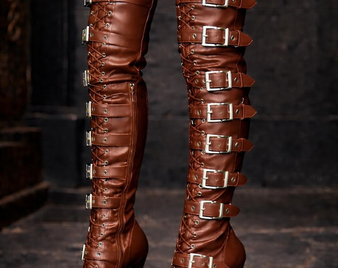 Women Gothic Thigh High Leather Boots Buckle Strap Stiletto Over Knee Shoes