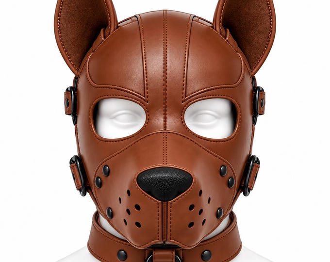 Handmade Leather Puppy Hood, Adjustable Animal Mask with Ears, Removable Muzzle, Costume Headpiece