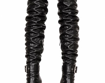Women's Black Slouchy Over The Knee Boots Chunky Heel Gothic Combat Boots