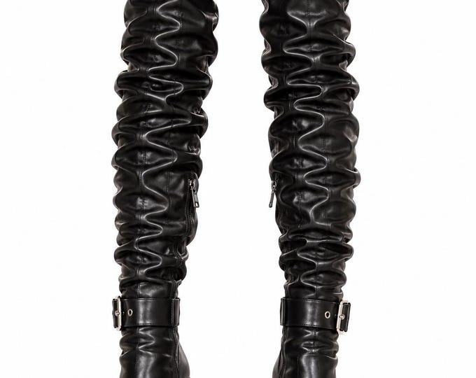 Women's Black Slouchy Over The Knee Boots Chunky Heel Gothic Combat Boots