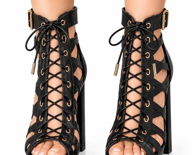 Women’s Peep Toe Ankle Booties, Lace Up High Heels, Gladiator Cutout Sandals