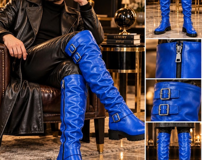 Unisex Genuine Leather Thigh High Boots, Tall Over Knee Boots, Side Zip, Buckle Detail