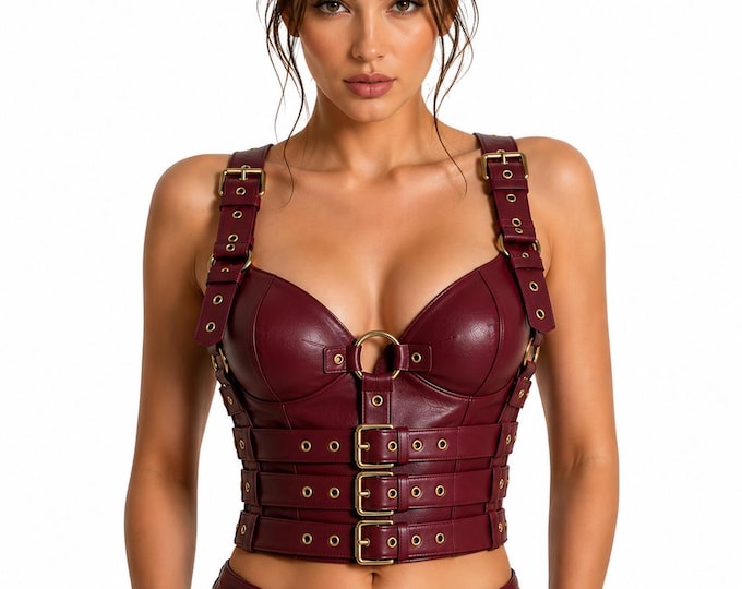 Handmade Leather Corset, Gothic Buckle Bustier, Adjustable Festival Bralette, Women’s Crop Top