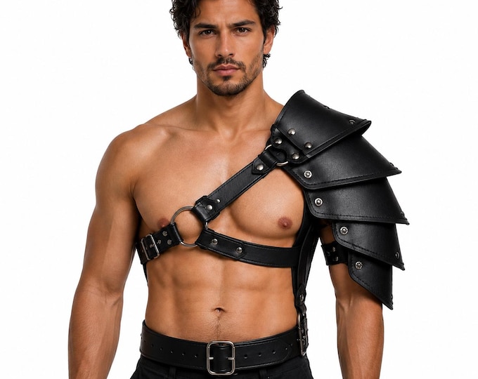 Gothic Leather Pauldron Harness, Medieval Warrior Cosplay Gear, LARP Accessory