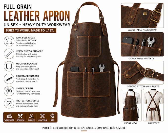 Full Grain Leather Apron Heavy Duty Unisex Work Apron with Pockets Adjustable Strap