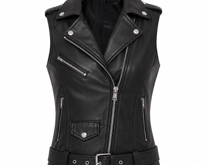 Women’s Genuine Leather Biker Vest – Moto Waistcoat, Belted Punk Style, Slim Fit