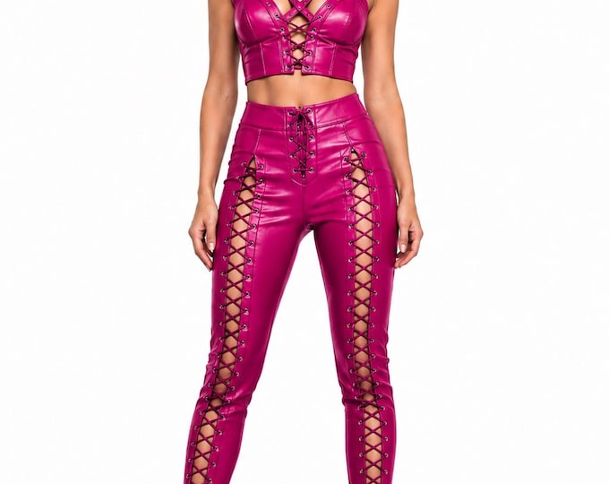 Women’s Black Leather Pants Set, Gothic Lace Up Clubwear Outfit