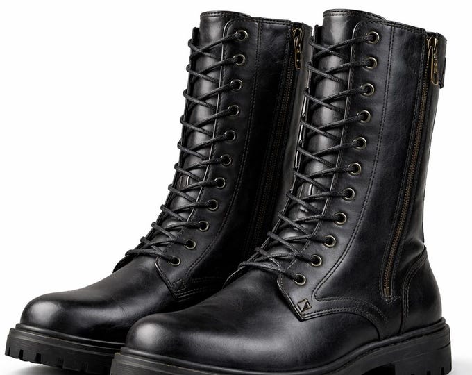 Unisex 18” Tall Leather Boots – Lace-Up Combat with Zipper – Handmade (13 Colors)
