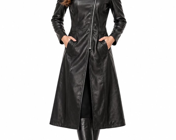 Women’s Genuine Leather Long Coat, Classic Fitted Trench Coat, Stylish Winter