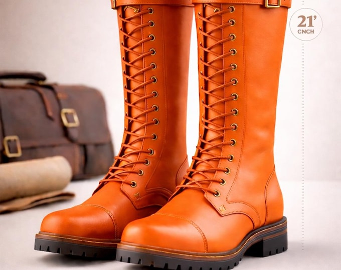 Men Leather Knee High 21 Inch Lace Up, Handmade Combat Style, Custom Size