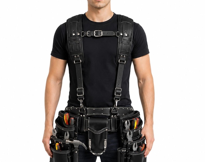 Leather Tool Belt with Suspenders, Heavy Duty Electrician Work Belt