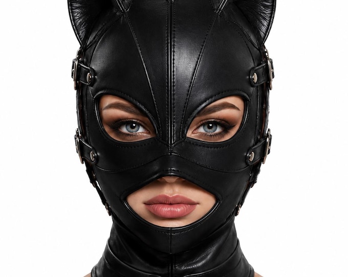 Gothic Cat Hood Mask, Faux Leather Cosplay Headpiece, Halloween Costume