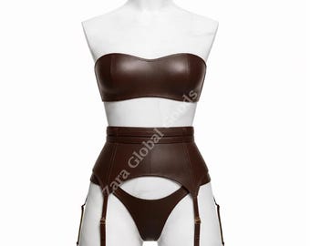 Leather Strapless Lingerie Set Handmade Bra & Garter Belt for women Luxury Custom Leather wear