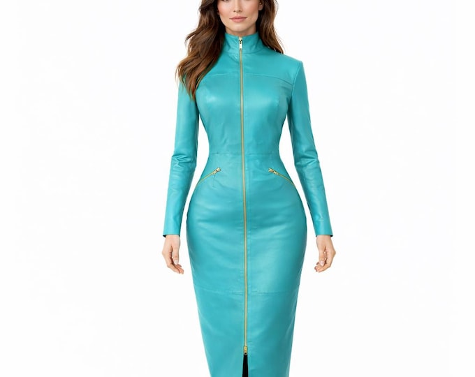 Handcrafted Turquoise Leather Trench Coat | Genuine Lambskin Long Coat for Women