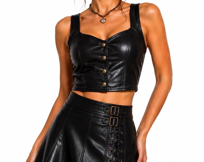 Women’s Black Faux Leather Two Piece Set, Corset Top and Lace-Up Mini Skirt