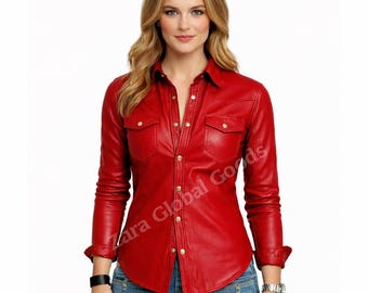 Red Women’s Cowhide Top – Handmade Western Style Button Down Apparel