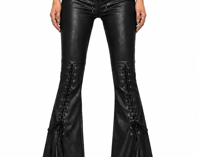 Women High Waist Faux Leather Flared Lace Up Y2K Pants