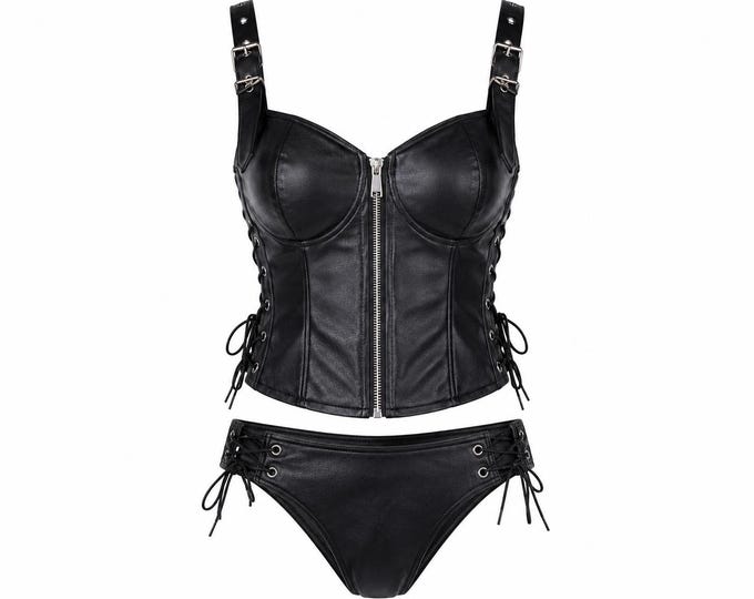 Genuine Leather Bustier Top, Gothic Lace Up Lingerie, Biker Clubwear for Women